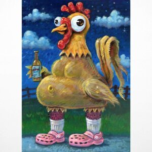 "Rooster With Beer" original acrylic painting on wood by Matt Godwin 5"x7"
