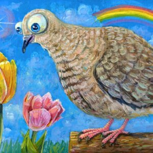 Sweet Mourning Dove Admiring The Tulips, 7"x5"