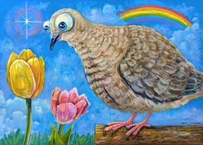 Sweet Mourning Dove Admiring The Tulips, 7"x5"