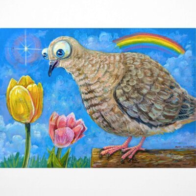 Sweet Mourning Dove Admiring The Tulips, 7"x5"