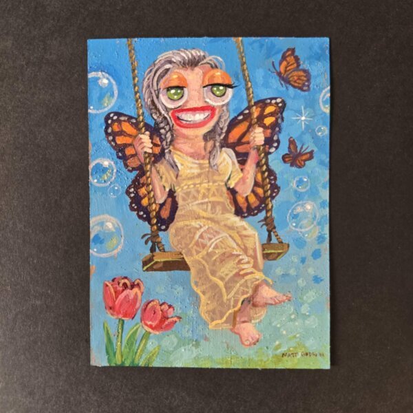 "Monarch Butterfly Fairy" original acrylic painting on paper by Matt Godwin 2.5"x3.5"