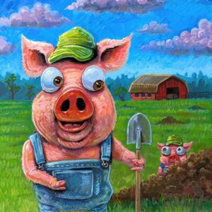 "Pig Farmer" original acrylic painting on canvas panel by Matt Godwin 9"x12"