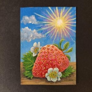 "Strawberry Sunshine" original acrylic painting on paper by Matt Godwin 2.5"x3.5"