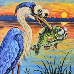 "Blue Heron Spears A Fish" archival giclée print on 100% cotton fiber paper (acid-free, 300 gsm / 18 mil thick) by Matt Godwin 8"x8" Signed on front with metallic silver acrylic paint pen. Signed and dated on reverse with pencil.
