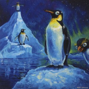 "Penguins" archival giclée print on 100% cotton fiber paper (acid-free, 300 gsm / 18 mil thick) by Matt Godwin 8"x8" Signed on front with metallic silver acrylic paint pen. Signed and dated on reverse with pencil.