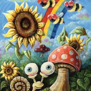 "A Snail In The Garden On A Nice Day" archival giclée print on 100% cotton fiber paper (acid-free, 300 gsm / 18 mil thick) by Matt Godwin 7"x9" Signed on print with metallic silver acrylic paint pen. Also signed and titled with pencil in margin.