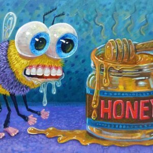 "Hungry Bee" original acrylic painting on wood by Matt Godwin 7"x5"