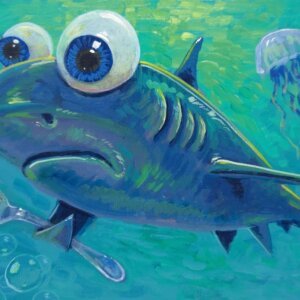"Hungry Shark Ii" original acrylic painting on wood by Matt Godwin 7"x5"