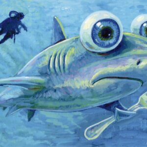 "Hungry Shark" archival giclée print on 100% cotton fiber paper (acid-free, 300 gsm / 18 mil thick) by Matt Godwin 7"x5" (Print Size: 7"x5" | Paper Size: 8"x6") Signed on print with metallic silver acrylic paint pen. Also signed and titled with pencil in margin.