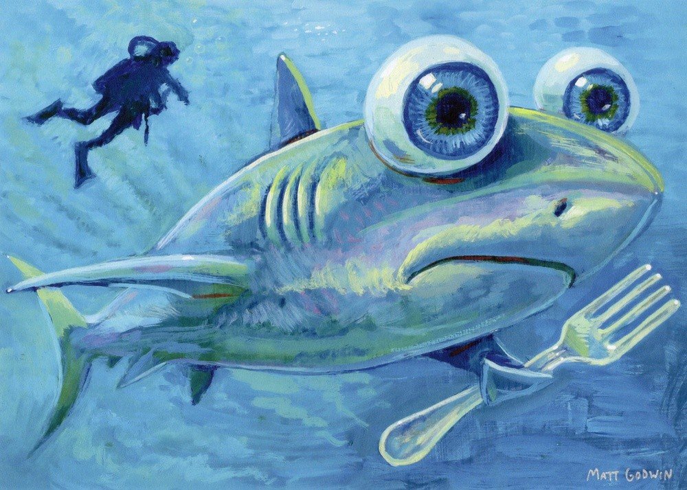 "Hungry Shark" archival giclée print on 100% cotton fiber paper (acid-free, 300 gsm / 18 mil thick) by Matt Godwin 7"x5" (Print Size: 7"x5" | Paper Size: 8"x6") Signed on print with metallic silver acrylic paint pen. Also signed and titled with pencil in margin.