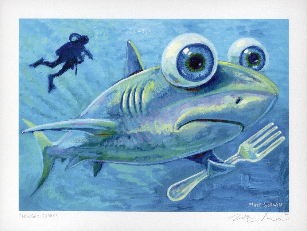 "Hungry Shark" archival giclée print on 100% cotton fiber paper (acid-free, 300 gsm / 18 mil thick) by Matt Godwin 7"x5" (Print Size: 7"x5" | Paper Size: 8"x6") Signed on print with metallic silver acrylic paint pen. Also signed and titled with pencil in margin.