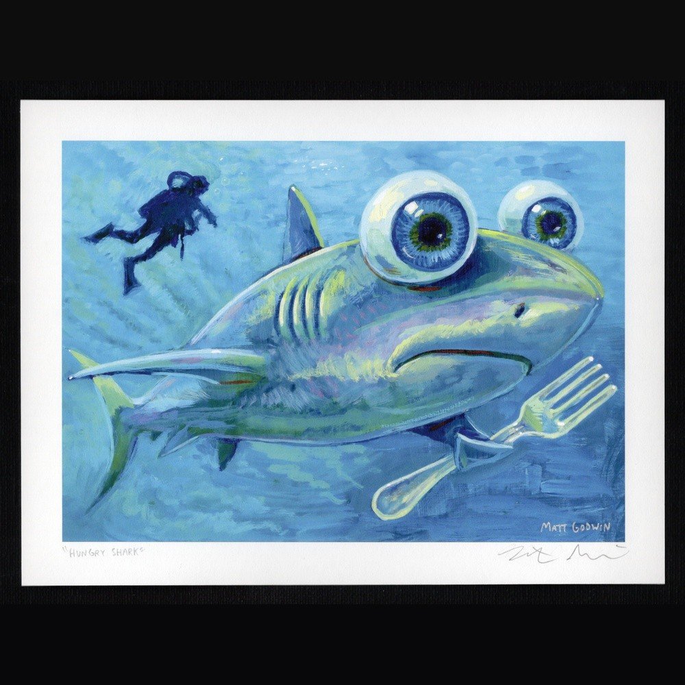 "Hungry Shark" archival giclée print on 100% cotton fiber paper (acid-free, 300 gsm / 18 mil thick) by Matt Godwin 7"x5" (Print Size: 7"x5" | Paper Size: 8"x6") Signed on print with metallic silver acrylic paint pen. Also signed and titled with pencil in margin.