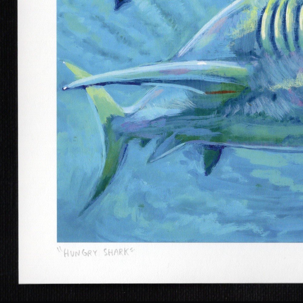 "Hungry Shark" archival giclée print on 100% cotton fiber paper (acid-free, 300 gsm / 18 mil thick) by Matt Godwin 7"x5" (Print Size: 7"x5" | Paper Size: 8"x6") Signed on print with metallic silver acrylic paint pen. Also signed and titled with pencil in margin.