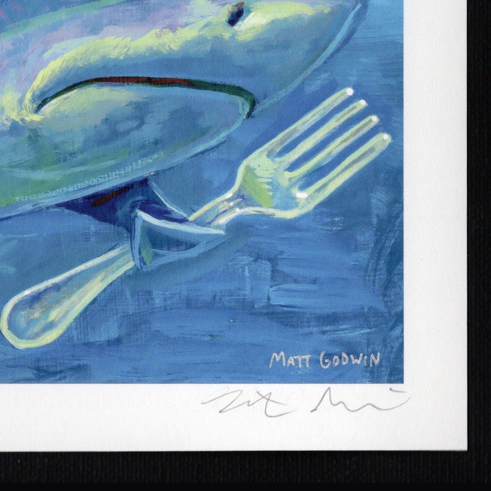 "Hungry Shark" archival giclée print on 100% cotton fiber paper (acid-free, 300 gsm / 18 mil thick) by Matt Godwin 7"x5" (Print Size: 7"x5" | Paper Size: 8"x6") Signed on print with metallic silver acrylic paint pen. Also signed and titled with pencil in margin.