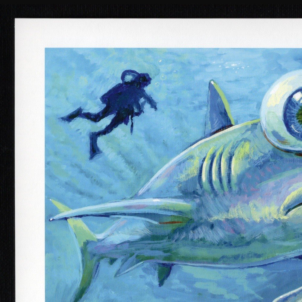 "Hungry Shark" archival giclée print on 100% cotton fiber paper (acid-free, 300 gsm / 18 mil thick) by Matt Godwin 7"x5" (Print Size: 7"x5" | Paper Size: 8"x6") Signed on print with metallic silver acrylic paint pen. Also signed and titled with pencil in margin.