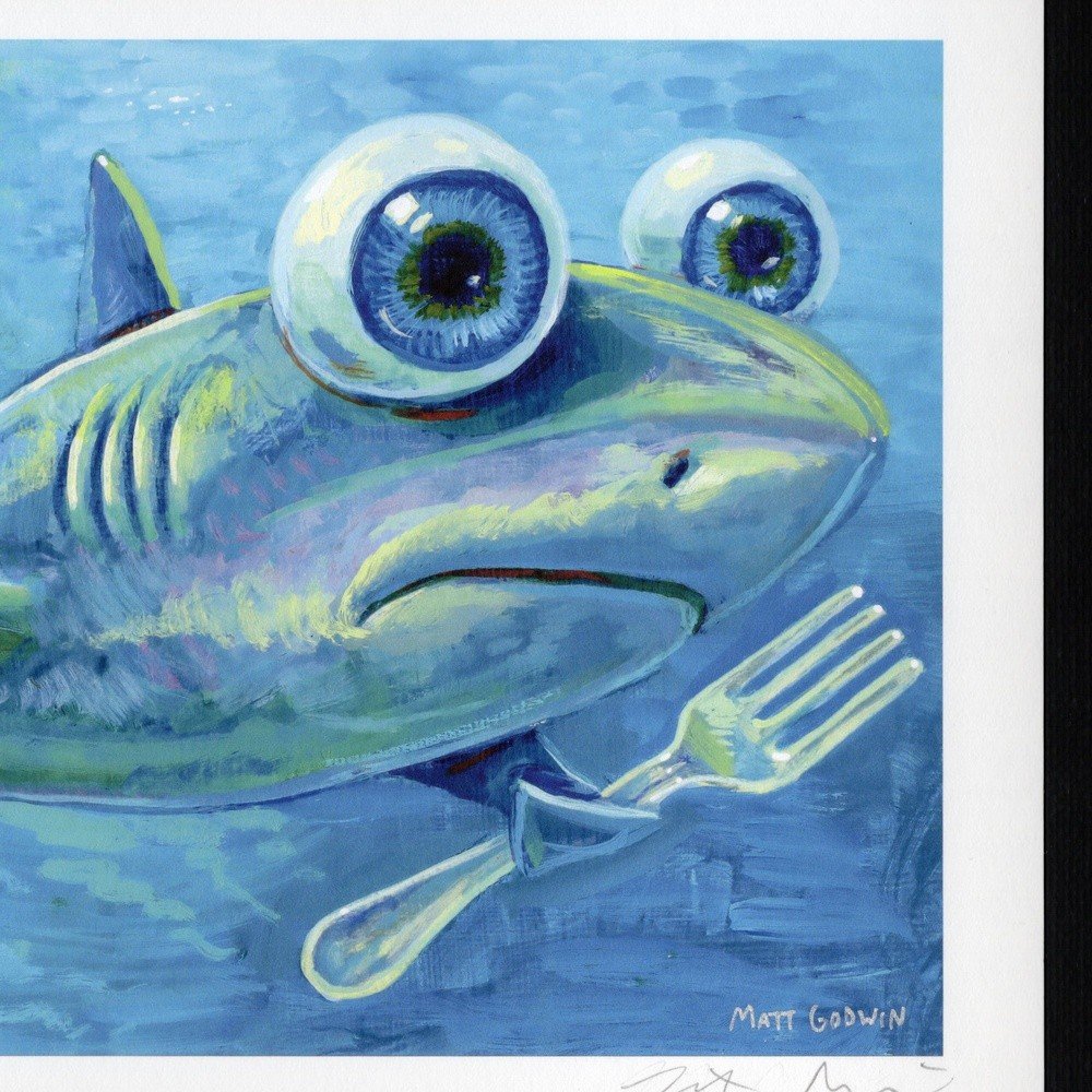 "Hungry Shark" archival giclée print on 100% cotton fiber paper (acid-free, 300 gsm / 18 mil thick) by Matt Godwin 7"x5" (Print Size: 7"x5" | Paper Size: 8"x6") Signed on print with metallic silver acrylic paint pen. Also signed and titled with pencil in margin.