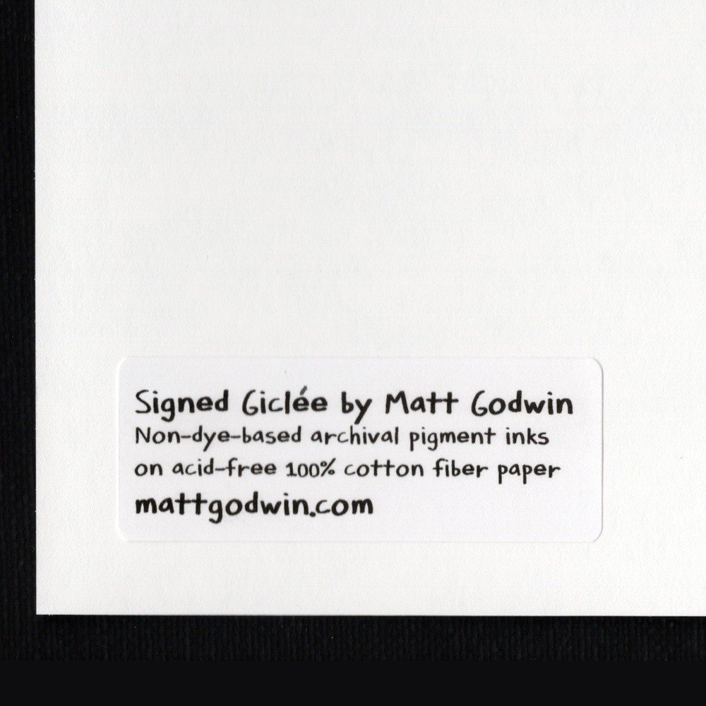 "Hungry Shark" archival giclée print on 100% cotton fiber paper (acid-free, 300 gsm / 18 mil thick) by Matt Godwin 7"x5" (Print Size: 7"x5" | Paper Size: 8"x6") Signed on print with metallic silver acrylic paint pen. Also signed and titled with pencil in margin.