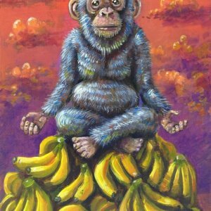 "Meditating Monkey" original acrylic painting on wood by Matt Godwin 7"x5"