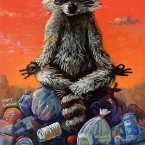 "Raccoon Meditating" archival giclée print on 100% cotton fiber paper (acid-free, 300 gsm / 18 mil thick) by Matt Godwin 5"x7" (Print Size: 5"x7" | Paper Size: 6"x8") Signed on print with metallic silver acrylic paint pen. Also signed and titled with pencil in margin.