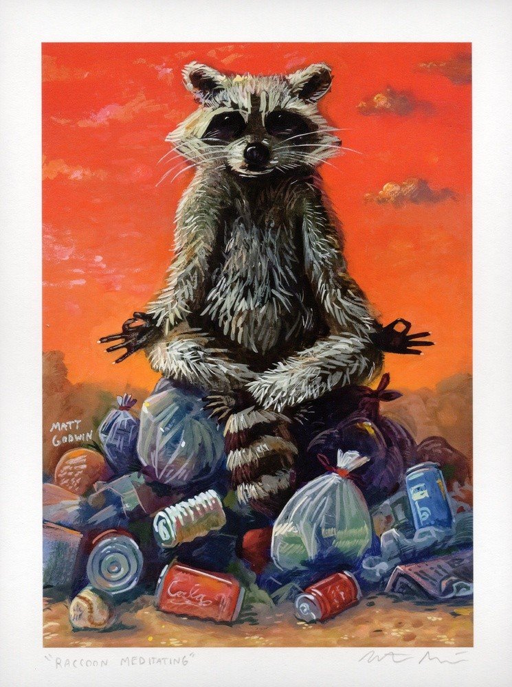 "Raccoon Meditating" archival giclée print on 100% cotton fiber paper (acid-free, 300 gsm / 18 mil thick) by Matt Godwin 5"x7" (Print Size: 5"x7" | Paper Size: 6"x8") Signed on print with metallic silver acrylic paint pen. Also signed and titled with pencil in margin.
