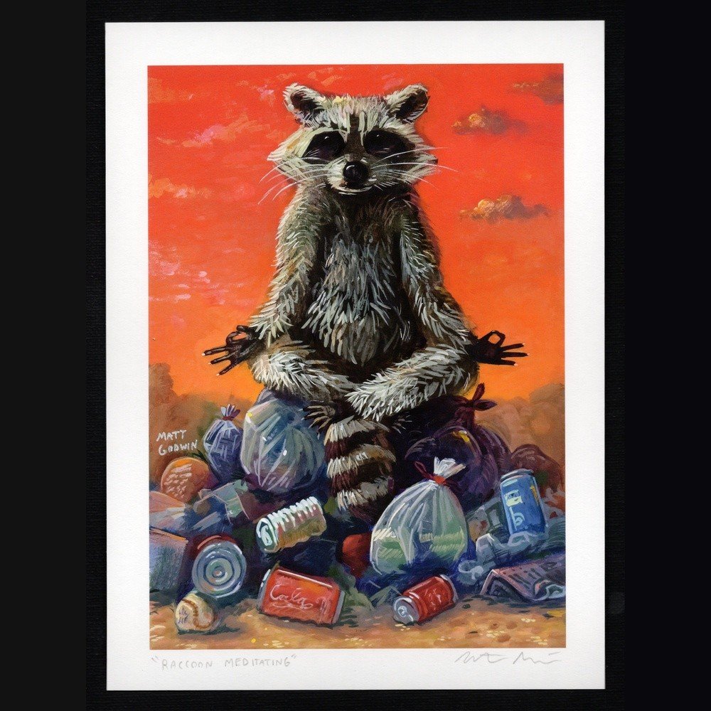 "Raccoon Meditating" archival giclée print on 100% cotton fiber paper (acid-free, 300 gsm / 18 mil thick) by Matt Godwin 5"x7" (Print Size: 5"x7" | Paper Size: 6"x8") Signed on print with metallic silver acrylic paint pen. Also signed and titled with pencil in margin.