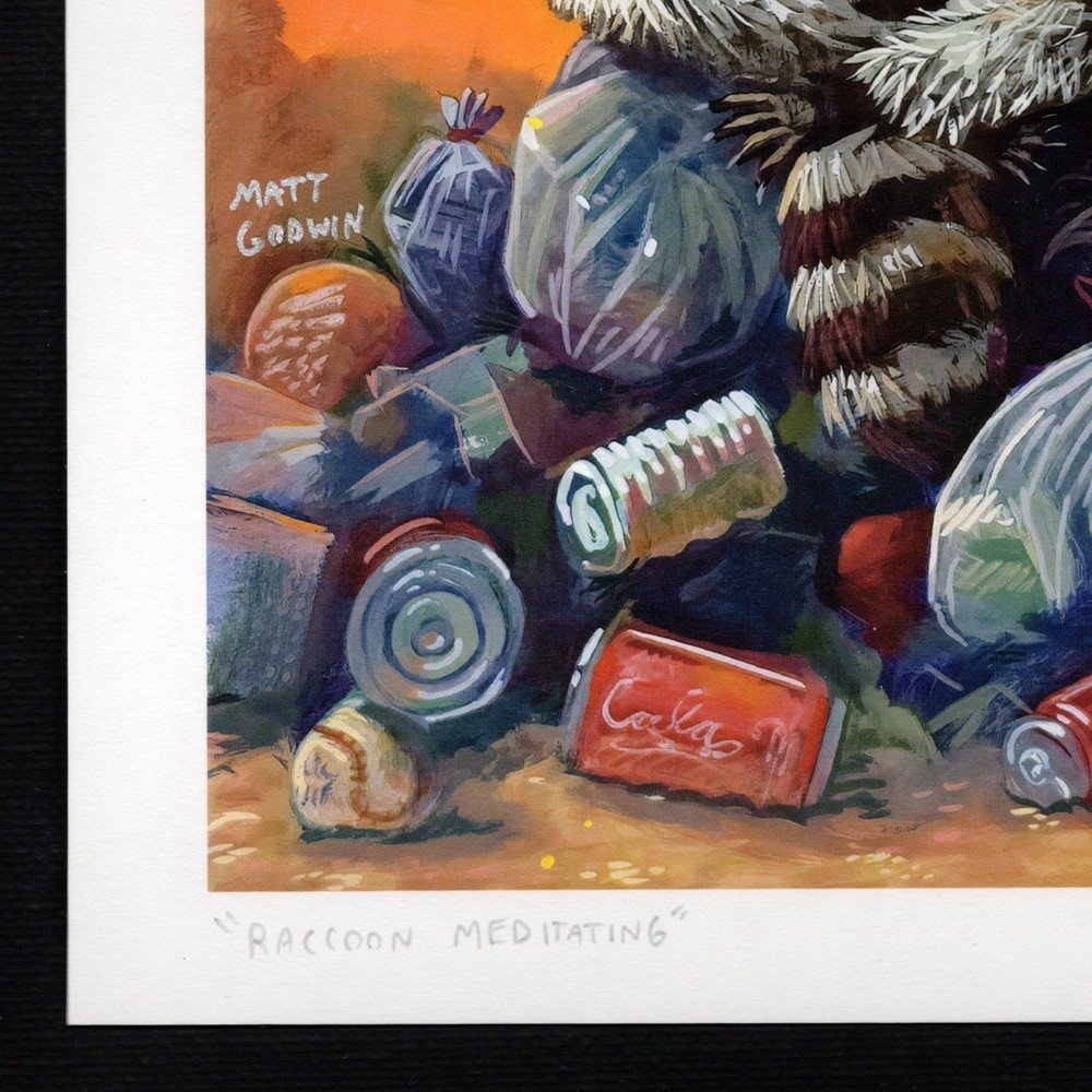 "Raccoon Meditating" archival giclée print on 100% cotton fiber paper (acid-free, 300 gsm / 18 mil thick) by Matt Godwin 5"x7" (Print Size: 5"x7" | Paper Size: 6"x8") Signed on print with metallic silver acrylic paint pen. Also signed and titled with pencil in margin.