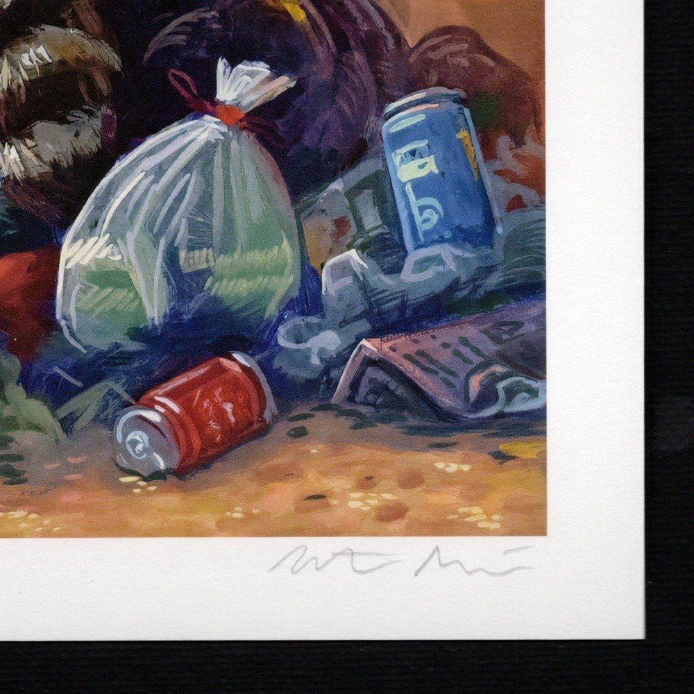 "Raccoon Meditating" archival giclée print on 100% cotton fiber paper (acid-free, 300 gsm / 18 mil thick) by Matt Godwin 5"x7" (Print Size: 5"x7" | Paper Size: 6"x8") Signed on print with metallic silver acrylic paint pen. Also signed and titled with pencil in margin.