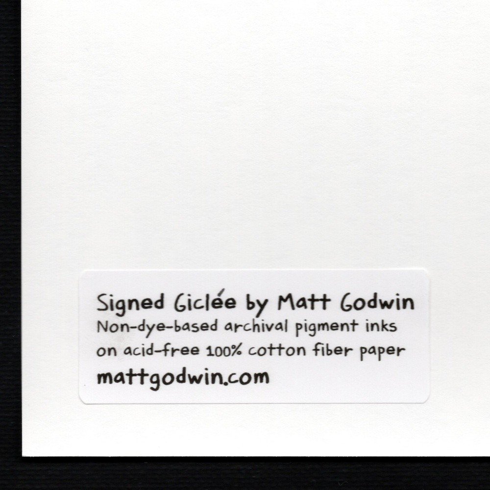 "Raccoon Meditating" archival giclée print on 100% cotton fiber paper (acid-free, 300 gsm / 18 mil thick) by Matt Godwin 5"x7" (Print Size: 5"x7" | Paper Size: 6"x8") Signed on print with metallic silver acrylic paint pen. Also signed and titled with pencil in margin.