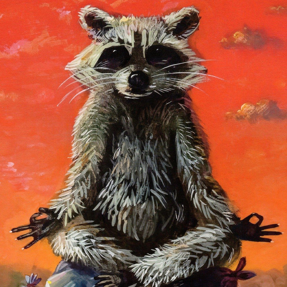 "Raccoon Meditating" archival giclée print on 100% cotton fiber paper (acid-free, 300 gsm / 18 mil thick) by Matt Godwin 5"x7" (Print Size: 5"x7" | Paper Size: 6"x8") Signed on print with metallic silver acrylic paint pen. Also signed and titled with pencil in margin.