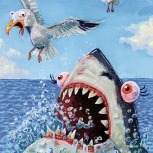 "Shark Attacks Seagull" archival giclée print on 100% cotton fiber paper (acid-free, 300 gsm / 18 mil thick) by Matt Godwin 5"x7" (Print Size: 5"x7" | Paper Size: 6"x8") Signed on print with metallic silver acrylic paint pen. Also signed and titled with pencil in margin.