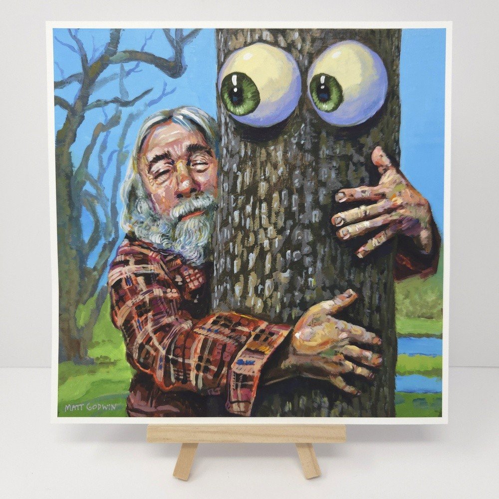 "Tree Hugger" archival giclée print on 100% cotton fiber paper (acid-free, 300 gsm / 18 mil thick) by Matt Godwin 8"x8" Signed on front with metallic silver acrylic paint pen. Signed and dated on reverse with pencil.