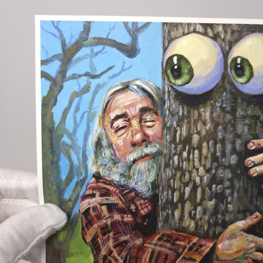 "Tree Hugger" archival giclée print on 100% cotton fiber paper (acid-free, 300 gsm / 18 mil thick) by Matt Godwin 8"x8" Signed on front with metallic silver acrylic paint pen. Signed and dated on reverse with pencil.