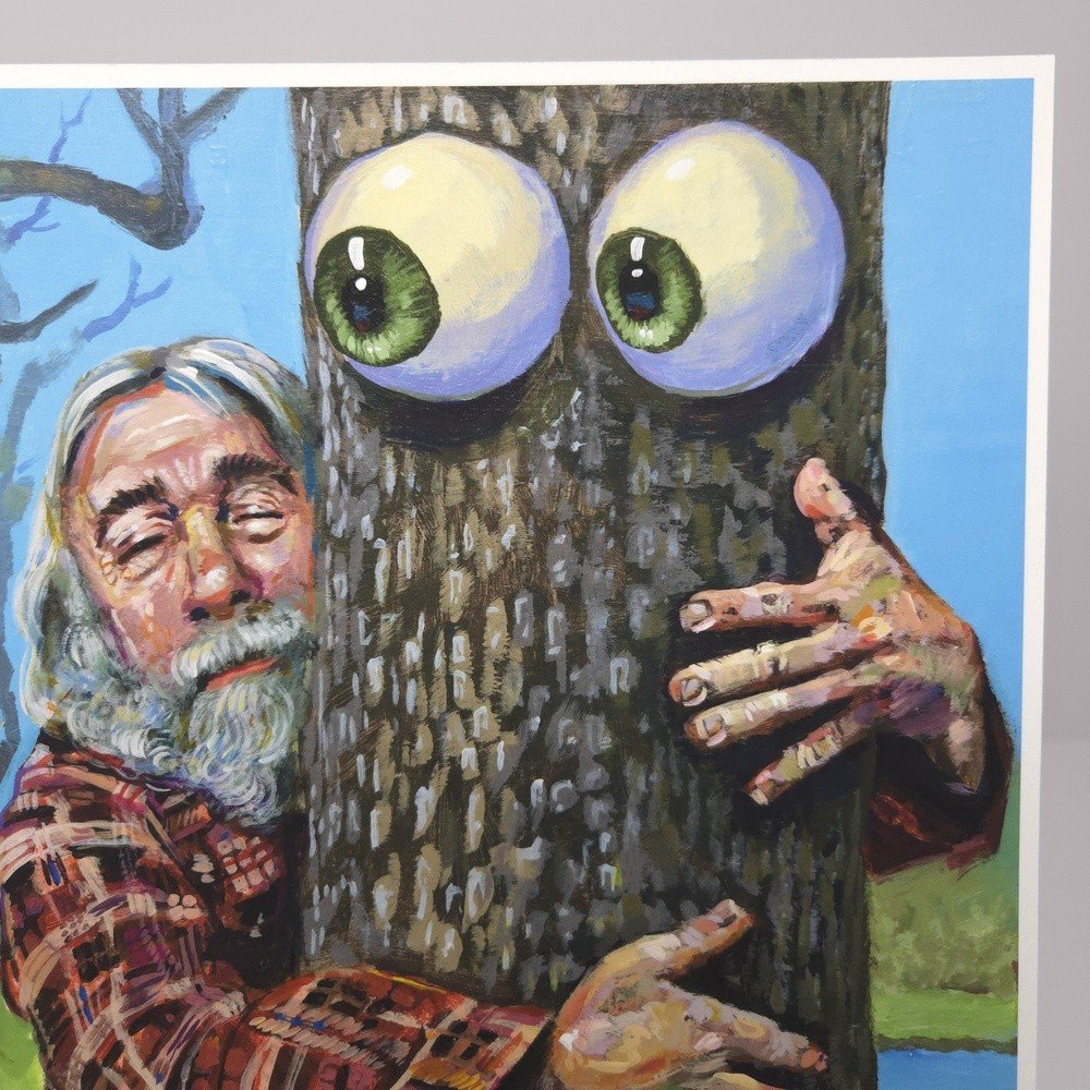 "Tree Hugger" archival giclée print on 100% cotton fiber paper (acid-free, 300 gsm / 18 mil thick) by Matt Godwin 8"x8" Signed on front with metallic silver acrylic paint pen. Signed and dated on reverse with pencil.