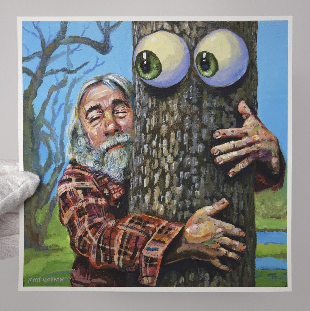 "Tree Hugger" archival giclée print on 100% cotton fiber paper (acid-free, 300 gsm / 18 mil thick) by Matt Godwin 8"x8" Signed on front with metallic silver acrylic paint pen. Signed and dated on reverse with pencil.