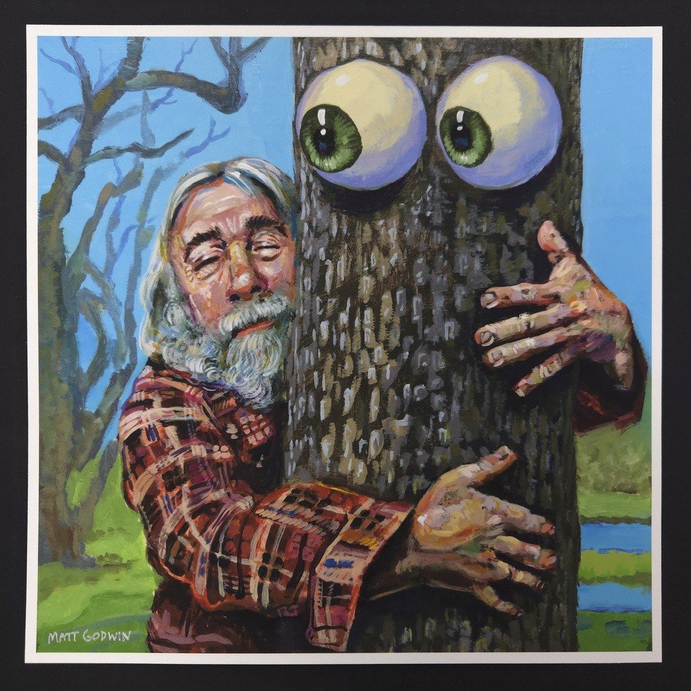 "Tree Hugger" archival giclée print on 100% cotton fiber paper (acid-free, 300 gsm / 18 mil thick) by Matt Godwin 8"x8" Signed on front with metallic silver acrylic paint pen. Signed and dated on reverse with pencil.