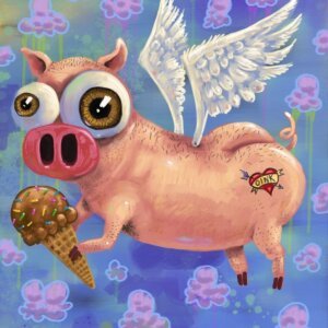 "Flying Pig With Oink Tattoo" archival giclée print on 100% cotton fiber paper (acid-free, 300 gsm / 18 mil thick) by Matt Godwin 7"x9" (Print Size: 7"x9" | Paper Size: 8"x10") Signed on print with metallic silver acrylic paint pen. Also signed and titled with pencil in margin.