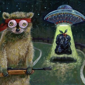 "Raccoon Encounters Ufo" original acrylic painting on wood by Matt Godwin 7"x5"