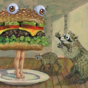 "Raccoons In Awe Of Burger Woman" original acrylic painting on wood by Matt Godwin 7"x5"