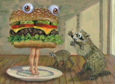 Raccoons In Awe Of Burger Woman