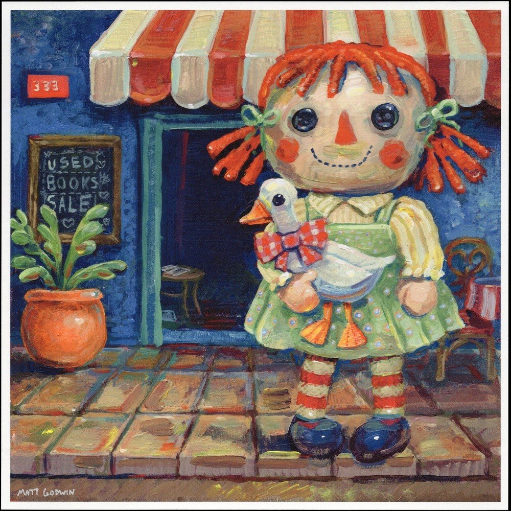"Rag Doll" archival giclée print on 100% cotton fiber paper (acid-free, 300 gsm / 18 mil thick) by Matt Godwin 8"x8" Signed on front with metallic silver acrylic paint pen. Signed and dated on reverse with pencil.