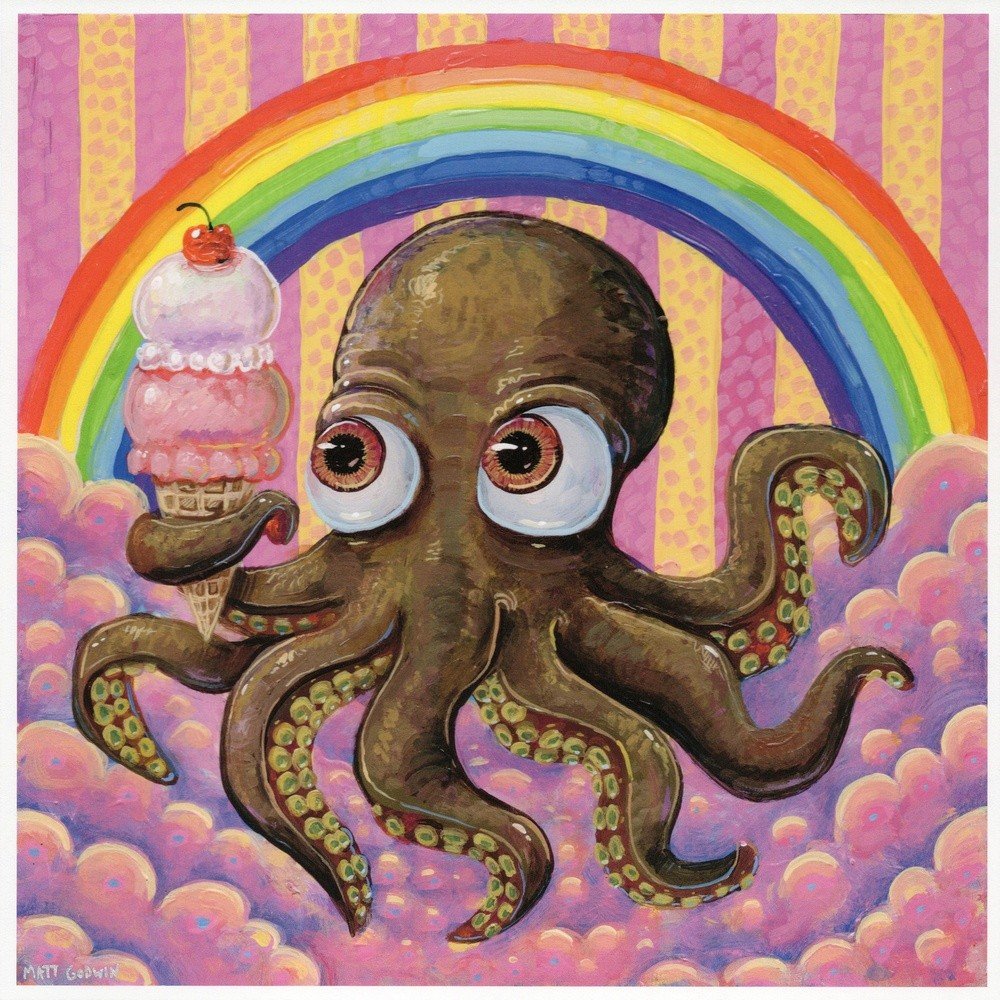 "Rainbow Ice Cream Octopus" archival giclée print on 100% cotton fiber paper (acid-free, 300 gsm / 18 mil thick) by Matt Godwin 8"x8" Signed on front with metallic silver acrylic paint pen. Signed and dated on reverse with pencil.