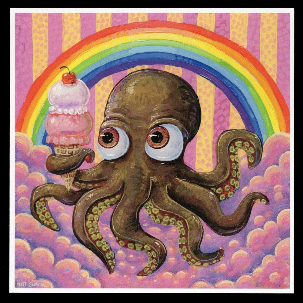 "Rainbow Ice Cream Octopus" archival giclée print on 100% cotton fiber paper (acid-free, 300 gsm / 18 mil thick) by Matt Godwin 8"x8" Signed on front with metallic silver acrylic paint pen. Signed and dated on reverse with pencil.