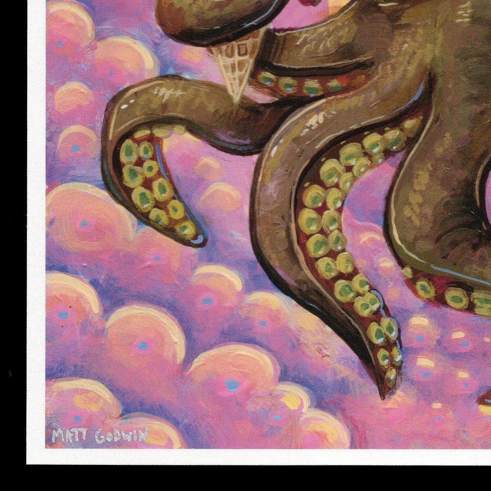"Rainbow Ice Cream Octopus" archival giclée print on 100% cotton fiber paper (acid-free, 300 gsm / 18 mil thick) by Matt Godwin 8"x8" Signed on front with metallic silver acrylic paint pen. Signed and dated on reverse with pencil.
