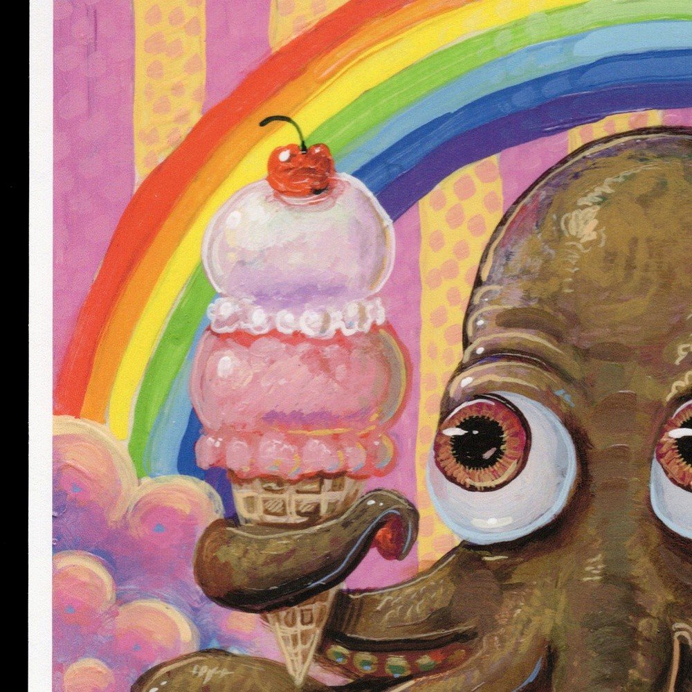 "Rainbow Ice Cream Octopus" archival giclée print on 100% cotton fiber paper (acid-free, 300 gsm / 18 mil thick) by Matt Godwin 8"x8" Signed on front with metallic silver acrylic paint pen. Signed and dated on reverse with pencil.