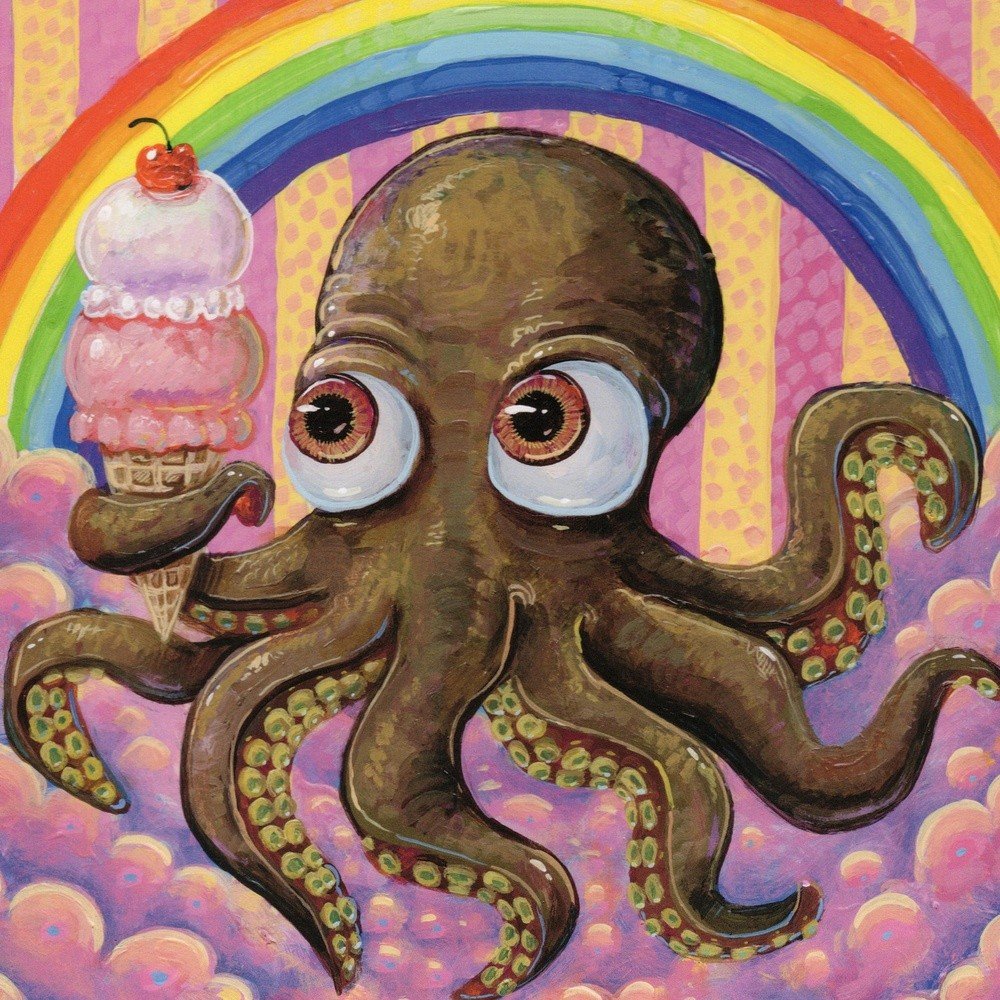 "Rainbow Ice Cream Octopus" archival giclée print on 100% cotton fiber paper (acid-free, 300 gsm / 18 mil thick) by Matt Godwin 8"x8" Signed on front with metallic silver acrylic paint pen. Signed and dated on reverse with pencil.