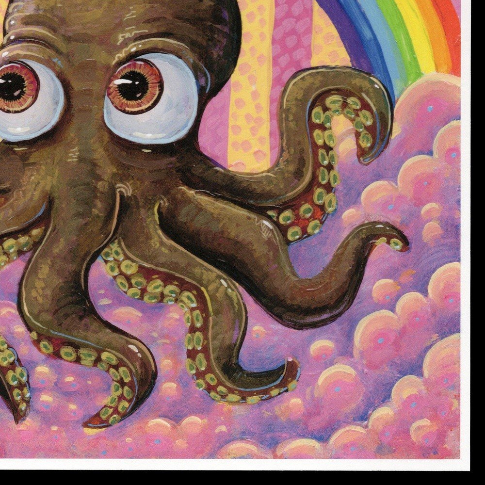 "Rainbow Ice Cream Octopus" archival giclée print on 100% cotton fiber paper (acid-free, 300 gsm / 18 mil thick) by Matt Godwin 8"x8" Signed on front with metallic silver acrylic paint pen. Signed and dated on reverse with pencil.