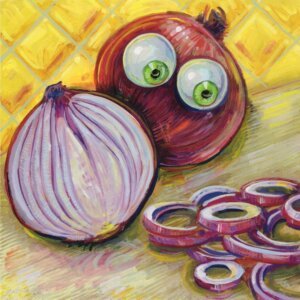 "Red Onion Horror" archival giclée print on 100% cotton fiber paper (acid-free, 300 gsm / 18 mil thick) by Matt Godwin 8"x8" Signed on front with metallic silver acrylic paint pen. Signed and dated on reverse with pencil.
