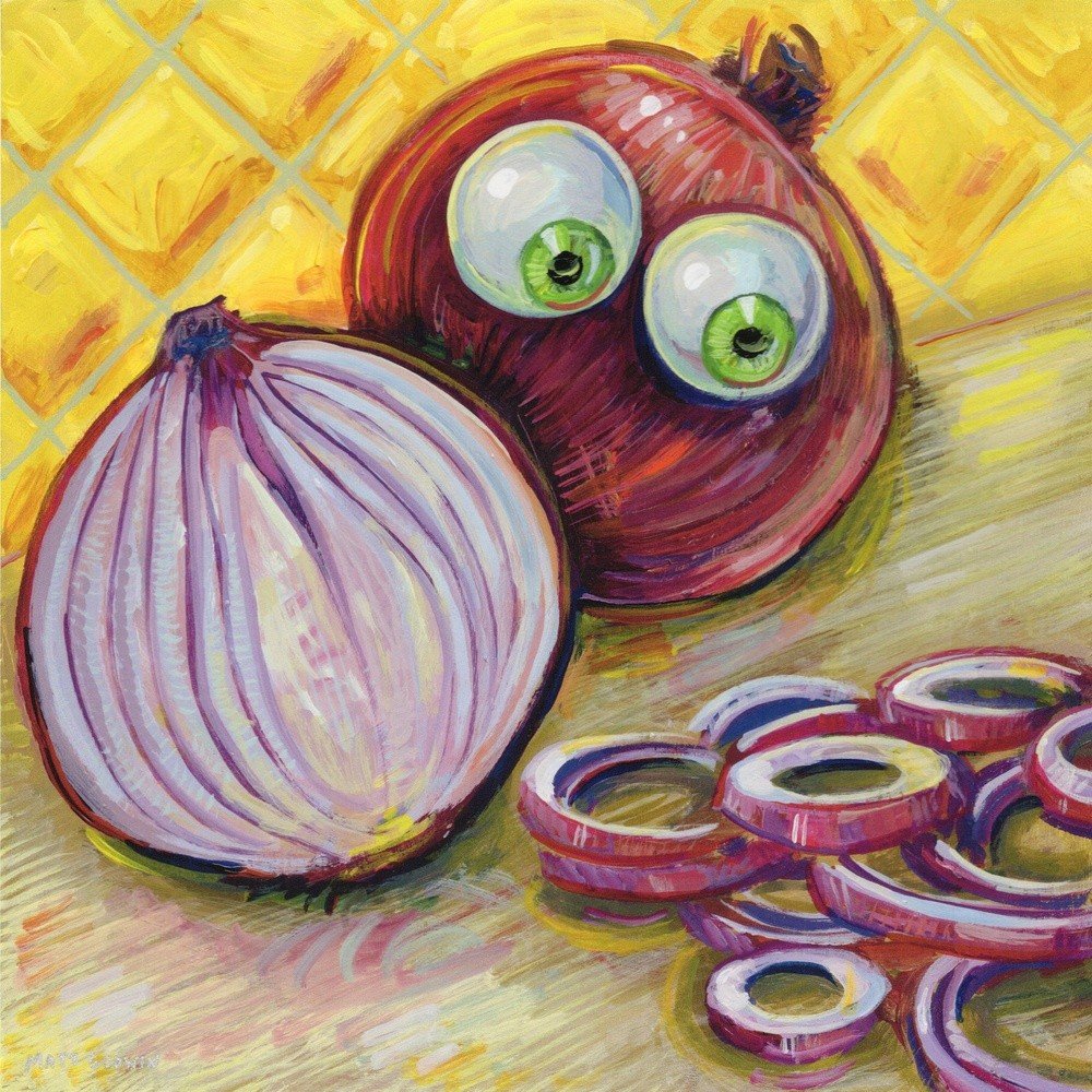"Red Onion Horror" archival giclée print on 100% cotton fiber paper (acid-free, 300 gsm / 18 mil thick) by Matt Godwin 8"x8" Signed on front with metallic silver acrylic paint pen. Signed and dated on reverse with pencil.