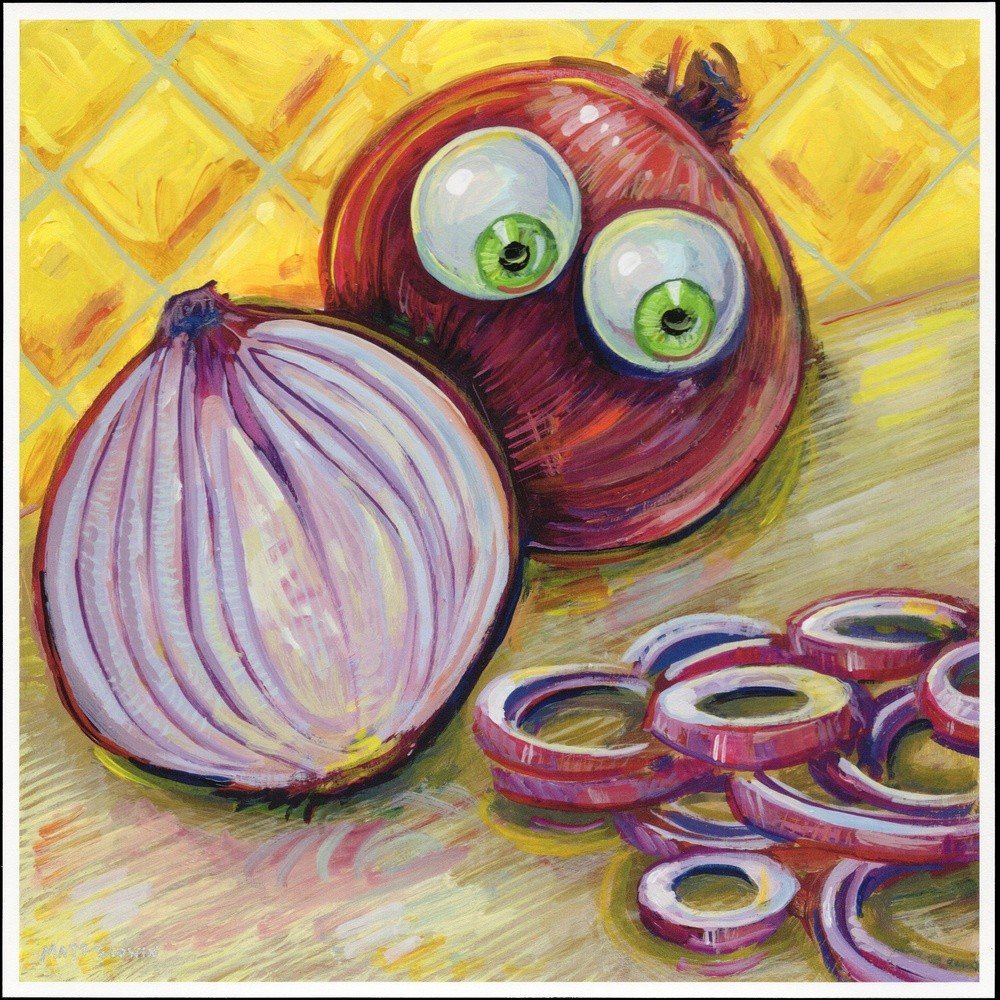 "Red Onion Horror" archival giclée print on 100% cotton fiber paper (acid-free, 300 gsm / 18 mil thick) by Matt Godwin 8"x8" Signed on front with metallic silver acrylic paint pen. Signed and dated on reverse with pencil.