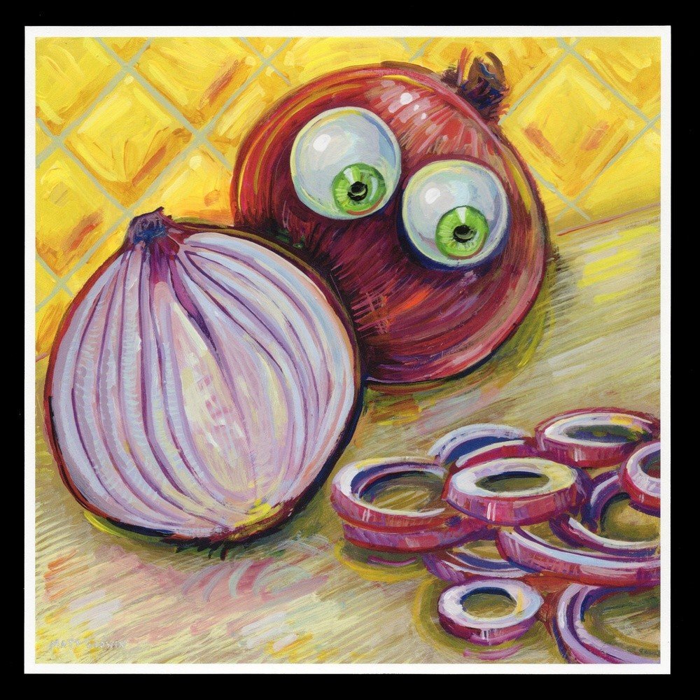 "Red Onion Horror" archival giclée print on 100% cotton fiber paper (acid-free, 300 gsm / 18 mil thick) by Matt Godwin 8"x8" Signed on front with metallic silver acrylic paint pen. Signed and dated on reverse with pencil.